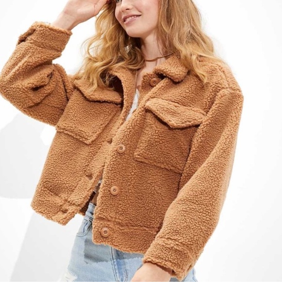 American Eagle Outfitters Jackets & Blazers - AE Sherpa Jacket Small American Eagle Brown Teddy Shacket S Tan Pocket Coat